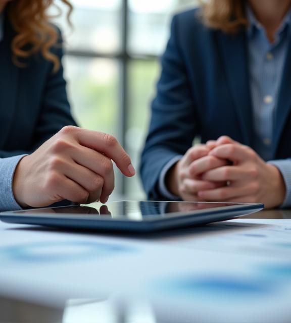 A close-up of two professionals in a strategic planning session, pointing at a tablet.