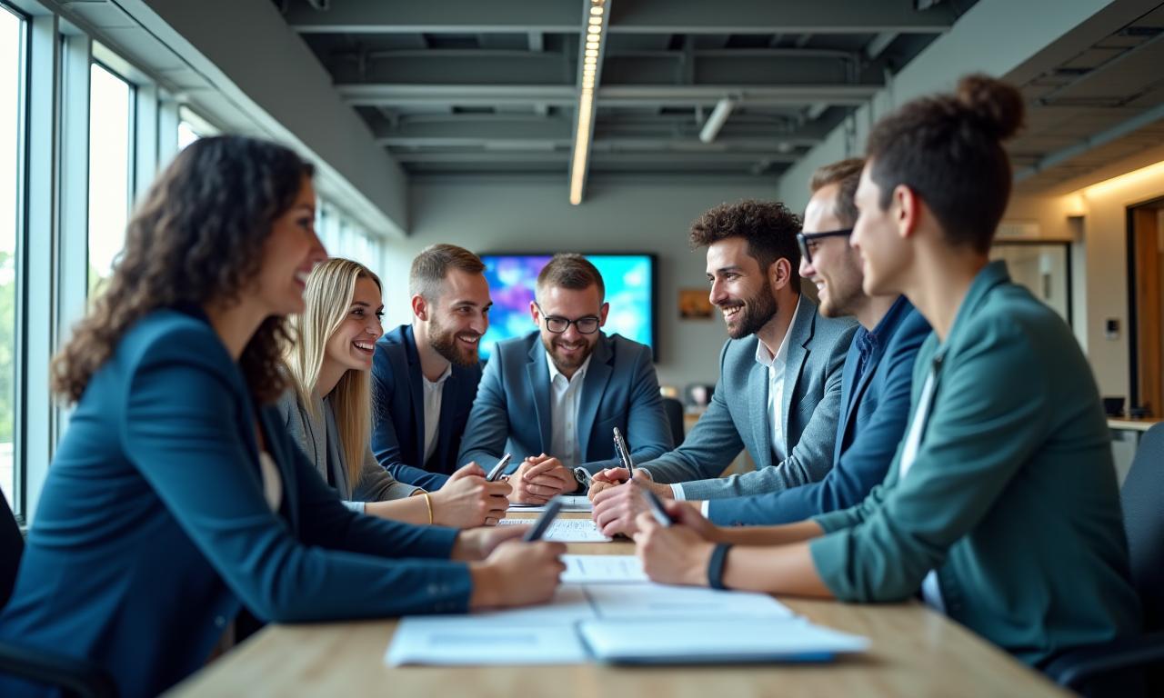 A diverse group of professionals collaborating in a modern office space.